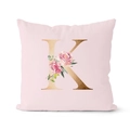 Pink rose gold letter K decorative pillow case with elegant floral pattern on white background - 18x18 Inch / Letter K (DRD152-K)