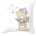 Square teddy bear cushion cover with red heart print and I Love You text for Valentines - Embracing Heart Bear (DRD66-5)
