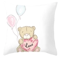 White square pillowcase featuring a cartoon teddy bear holding a pink love heart balloon - Balloons and Heart Bear (DRD66-6)