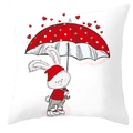Square pillowcase featuring a cartoon white bunny with red hat and umbrella - Rabbit With Umbrella in Rain (DRD66-8)