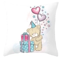 Square white pillowcase featuring a cartoon bear and heart balloons for Valentine Gift - Heart Gift Box Bear (DRD66-10)