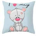 Light blue square pillowcase featuring a cute cartoon teddy bear and I love my print - Gray I Love My Bear (DRD66-11)