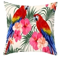 Fodera per cuscino tropicale con ara rossi, ibisco rosa e foglie di palma verdi - 45*45cm / Motivo Pappagallo Rosso Fondo Crema (DRD71-3)