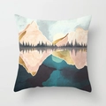 Golden mountain landscape cushion cover in teal and pink art deco geometric style - 18x18 Inch / Design 11