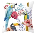 Fodera per cuscino quadrata con stampa tropicale di pappagalli e fiori su bianco - 45*45cm / Motivo Tucano Pappagallo Ibisco (DRD71-6)