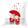 Square pillowcase featuring two cartoon bears under a red umbrella with heart prints - Bears Snuggling Under Red Umbrella (DRD66-16)