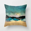 Modern abstract mountain landscape pillow case with golden sun in teal and navy blue - 18x18 Inch / Design 15