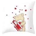 White square pillowcase with brown teddy bear holding a red heart gift box design - Bear With Heart Gift Box (DRD66-18)