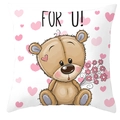 White square pillowcase featuring a cute cartoon teddy bear with pink hearts and FOR U text - Bear Delivering Flowers For You (DRD66-20)