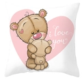 White square pillowcase with brown bears hugging and a pink heart for Valentine's Day - Deep Hug Bears (DRD66-21)