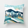 Square cushion cover featuring modern abstract blue mountains and golden forest artwork - 18x18 Inch / Design 21