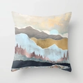 Abstract golden mountain peak pillow cover with blue landscape design and moon print - 18x18 Inch / Design 22