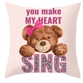 Pink square cartoon teddy bear pillowcase with shimmering You Make My Heart Sing print - Pink Mood Singing Bear (DRD66-24)