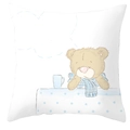 Cartoon bear pillowcase in white with blue scarf and mug print for home decor - Blue Scarf Bear (DRD66-25)