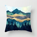 Square throw pillow cover with golden sun and blue abstract mountain landscape art - 18x18 Inch / Design 24