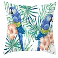 Fodera per cuscino tropicale con pappagalli colorati, fiori di ibisco e foglie di palma - 45*45cm / Motivo Doppio Ara Fondo Bianco (DRD71-18)