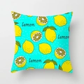 Square blue pillowcase featuring lemon fruit pattern and black cursive lemon text - Teal Lemon (DRD74-17)