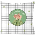 Kissenbezug mit weißem Karomuster und grünem Kaktus-Print sowie HELLO CACTUS Schriftzug - Hello Cactus Abzeichen (CRD09-12)