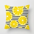 Modern square pillow case featuring bright lemon slices over black and white stripes - Lemon with Striped Background (DRD74-23)