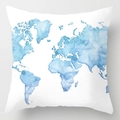 Modern square pillowcase featuring a blue watercolor world map on white fabric - White Base Blue Watercolor Map (DRD113-17) / 18x18 Inch