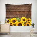 Detail of sunflower tapestry with vintage wood texture hanging on a white bedroom wall - 95x73cm (Brushed) / Wood Grain Sunflower (GT23-7)