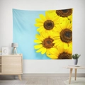 Detail of sunflower wall tapestry showing vibrant floral patterns on sky blue background - 95x73cm (Brushed) / Sunflower Close-up Pattern (GT23-15)