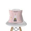 Detail of pink Nordic pillowcase featuring a cute cartoon rabbit and Hello typography - Striped Skirt Rabbit Hello (DRD143-7)
