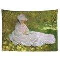 Impressionist oil painting tapestry featuring a woman in pink dress on green lawn - 95x73cm / Brushed Fabric Style / Woman on the Grass (GT16-2)