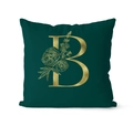 Federa per cuscino in velluto verde scuro con lettera B dorata e decoro floreale - 45x45cm / Lettera B