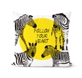 Square Nordic cushion cover with zebra illustration and yellow Follow Your Heart quote - White Base Four Zebras Style (CRD08-7)