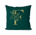 Luxury dark green throw pillow cover with golden letter F and floral pattern design - 45x45cm / Letter F