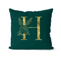 Dark green velvet throw pillow cover with gold floral letter H printed in the center - 45x45cm / Letter H