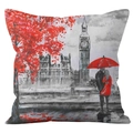 Housse de coussin avec peinture de Big Ben à Londres et couple sous un parapluie rouge - 45x45 cm / Big Ben Érable Rouge Couple (YMD43-6)