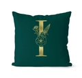 Luxury dark green velvet square pillow cover with golden letter I and floral design - 45x45cm / Letter I