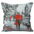 Housse de coussin artistique Londres Big Ben avec scène de rue au parapluie rouge - 45x45 cm / Londres Parapluie Rouge Piétons (YMD43-5)