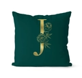 Luxury dark green velvet cushion cover featuring golden serif letter J with floral patterns - 45x45cm / Letter J