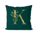 Dark green velvet pillow cover with a golden floral letter K print for home decor - 45x45cm / Letter K