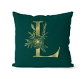 Dark green velvet pillow case with golden letter L and elegant floral pattern - 45x45cm / L