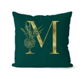 Dark green square pillowcase with gold foil letter M and floral graphics on white background - 45x45cm / M