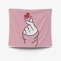 Pink minimalist wall tapestry featuring a finger heart illustration with red heart accent - 95x73cm Brushed Fabric / Finger Heart (GT30-12)