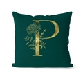 Elegant emerald green square cushion cover featuring a gold metallic letter P and floral art - 45x45cm / Letter P