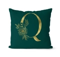 Luxury dark green velvet pillow cover with metallic gold letter Q and floral design - 45x45cm / Letter Q