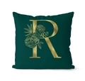 Forest green cushion cover with golden letter R and elegant floral vine design - 45x45cm / Letter R