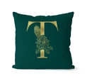 Dark green velvet pillow cover with gold letter T and floral feather pattern design - 45x45cm / Letter T