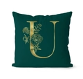 Dark green square pillowcase with golden letter U and elegant floral design - 45x45cm / Letter U