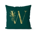 Forest green velvet pillow cover featuring a gold metallic floral letter W design - 45x45cm / Letter W