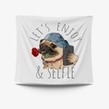 Close-up of pug dog illustration with red rose and phone on a decorative wall tapestry - 95x73cm Brushed Fabric / Selfie Pug Style (GT31-12)
