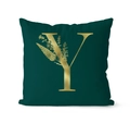Luxury dark green pillow cover featuring a gold foil letter Y with floral patterns - 45x45cm / Letter Y