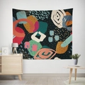 Abstract botanical wall tapestry with colorful geometric prints on a dark background - Gt12-9 / 95X73 Brushed Fabric