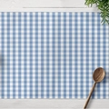 Blue and white geometric plaid cotton linen placemat on a vintage white wood table - Fine Blue Plaid (CD06-2)
